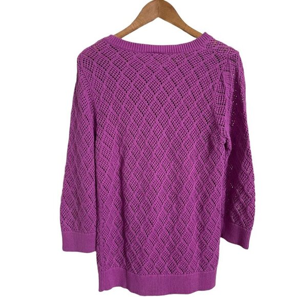 Ann Taylor LOFT Womens Purple 3/4 Sleeve Perforated Open Knit Sweater Large - Picture 5 of 5